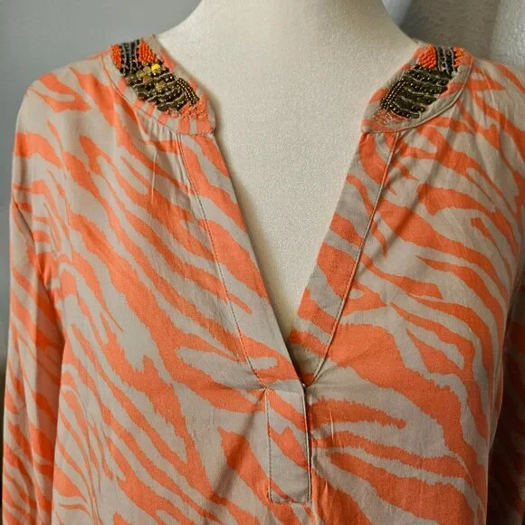 Chico's Embellished Neck Tunic Women's SZ 2P 12/14 Large Zebra Nectarine Blouse - Picture 6 of 14